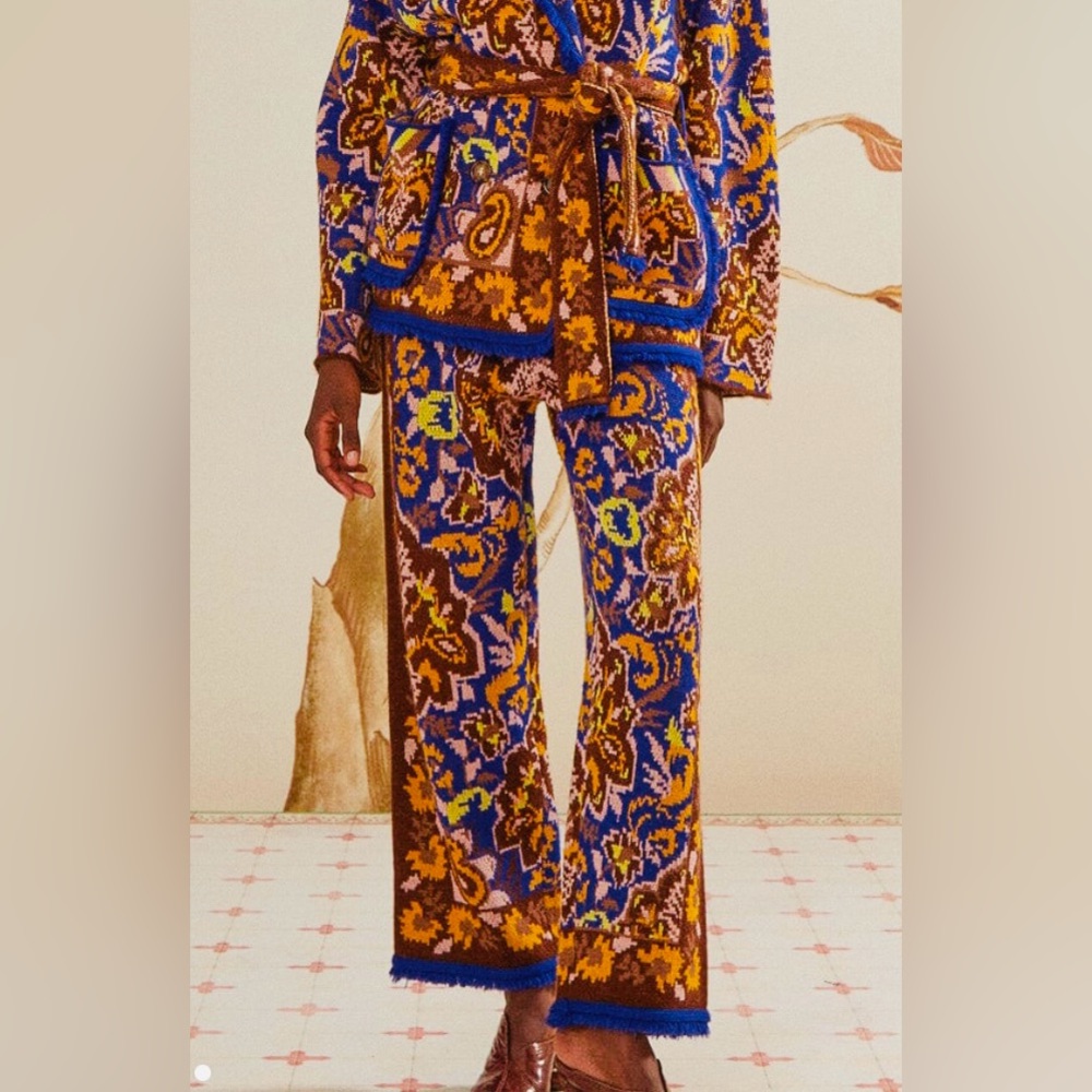 FARM Rio Glam Tapestry Blue Knit Pants - NEW with tags - Size M